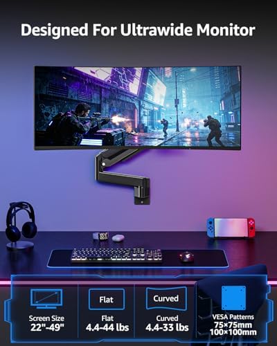 MOUNTUP Monitor Wall Mount for 49 45 43 40 35 32 27 24 Inch Screens, Heavy Duty Wall Monitor Mount, Holds 4.4 to 44 lbs, Ultrawide Monitors Arm Wall Mount, VESA Mount 75x75/100x100mm