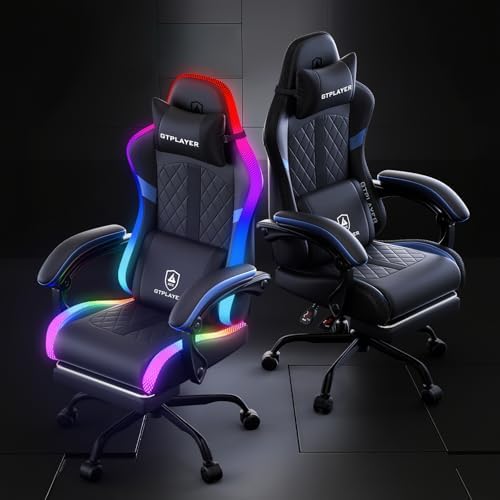 GTPLAYER RGB Gaming Chair with Speakers, Computer Gamer Chair with Footrest and LED Lights, PC Gamer Chairs for Adults, High Back Reclining Office Chairs, Linkage Armrest (Blue, with Speakers)