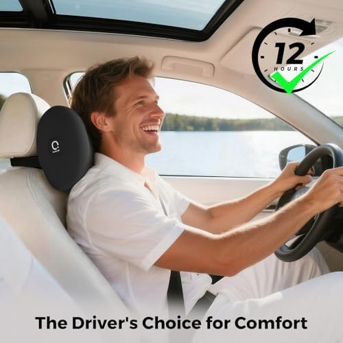 BEBAS Memory Foam Car Headrest Pillow - Breathable Neck Support Pillow for Driving, Universal Fit Cars/SUVs/Tesla/Toyota & Office Chair, Removable Cover (Black, 4-Season)