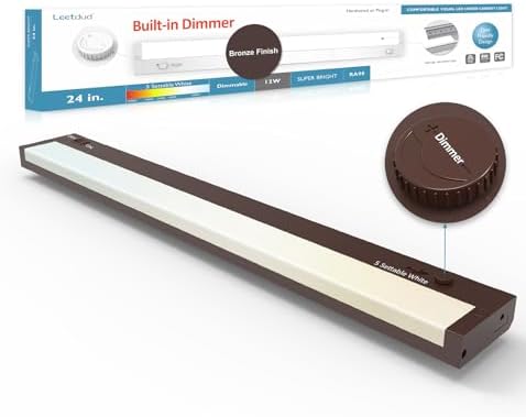 Leetdud Under Cabinet Lighting Plug in or Hardwired Built-in Dimmer, 24 Inch 12W, 5CCT 2700/3000/3500/4000/5000K, Linkable Counter Lights for Kitchen, ETL Dimmable LED Light Fixture, Bronze