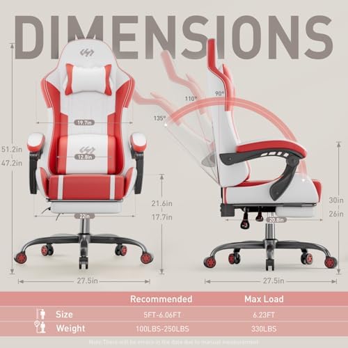 HLDIRECT High Back Gaming Chair, USB Massage Lumbar Support, White&Red