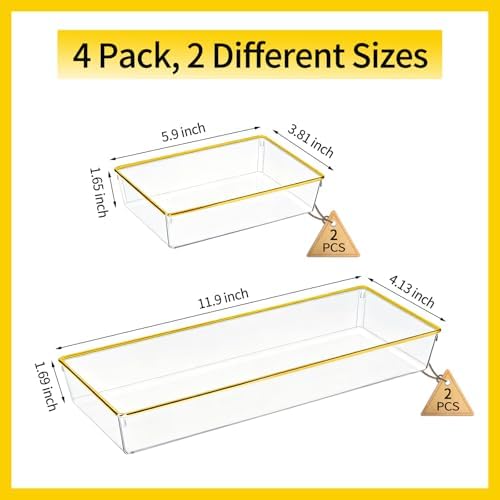 4 Pack Large Size Clear Stackable Drawer Organizer Trays, Gold Rim Makeup Drawer Storage Tray Divider, Desk Storage for Makeup, Jewelry, Bathroom, Stationary, Kitchen Utensils and Office Desk