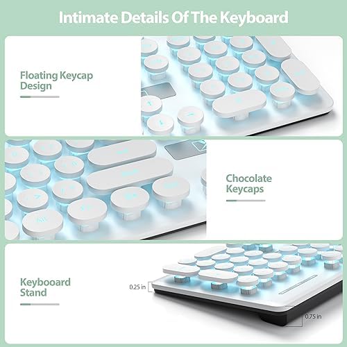 surmen Cute Quiet Keyboard Wired Typewriter Keyboard, Light Up Backlit PC Keyboards with Retro Round Keys Full Size 104 Keys for Office Computer (White)