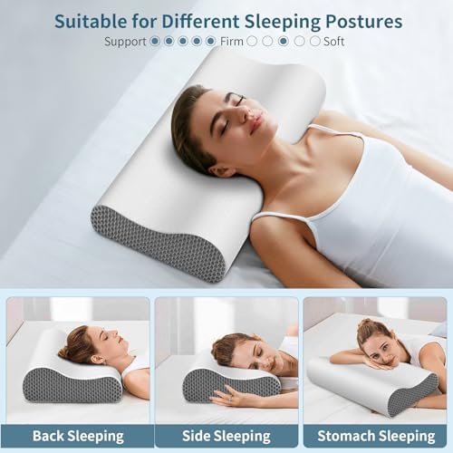 Cervical Neck Pillow for Pain Relief, Contour Memory Foam Pillows Ergonomic Pillow for Sleeping Bed Pillow Neck Support with Cooling Pillowcase Orthopedic Pillow for Side Back Sleepers(Light Grey)