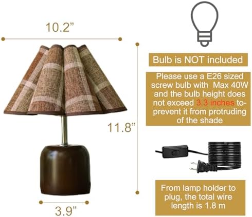 Small Plaid Pattern Table Lamp for Bedroom, Bedside Lamps for Nightstand, Desk Lamp Solid Wood Base Walnut Fabric Shade for Living Room, Kids Room, Bulb Not Included (Mid-Century Modern) (Walnut)