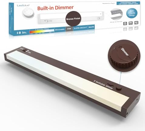 Leetdud Under Cabinet Lighting Plug in or Hardwired Built-in Dimmer, 18 Inch 9W, 5CCT 2700/3000/3500/4000/5000K, Linkable Counter Lights for Kitchen, ETL Dimmable LED Light Fixture, Bronze