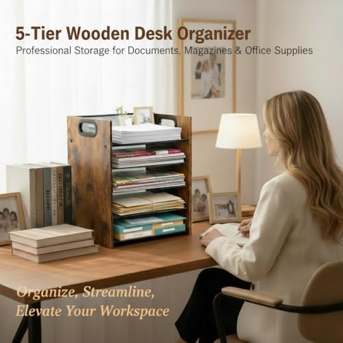 Desk Organizer - 5-Tier Desktop File Organizer, Wooden Paper Tray Organizer, Office Desk Organzier and Accessories for Papers, Mail, Notebooks, Stationery
