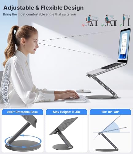 KU XIU Adjustable Laptop Stand with 8 in 1 USB C Hub, Foldable Portable Computer Notebook Stand with 360° Rotating Base, Riser Holder Mount for All 10-17" Laptops (Gray)