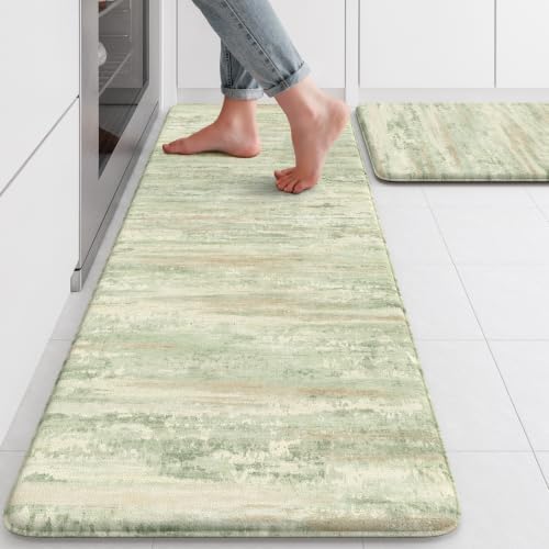 KIMODE Kitchen Mats for Floor, Light Green Aabstract Kitchen Rugs Sets of 2