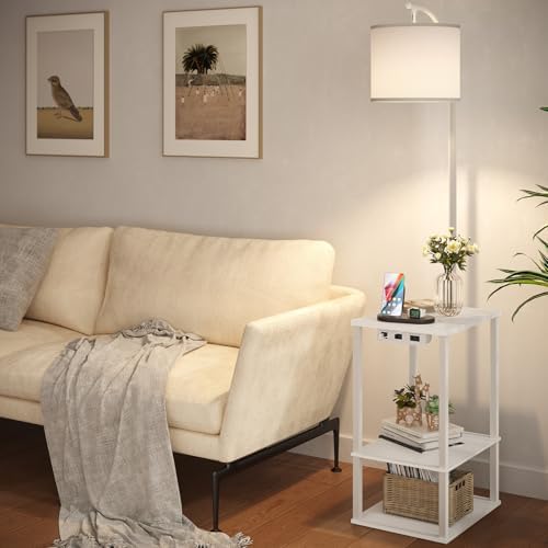 SUNMORY Floor Lamp with Table Shelves, End Side Table for Living Room