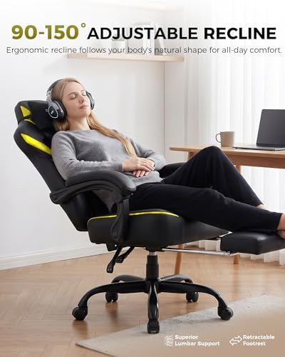 GTPLAYER Big and Tall Gaming Chair with Footrest, High Back Ergonomic Office Chair for Adults, Heavy Duty 350 lbs Capacity, Premium Leather & Iridescent Trim, ACE-Armor, Yellow