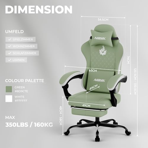 Gaming Chair with Massage,Ergonomic PC Gaming Chair Computer Chairs with Footrest Comfortable Headrest and Lumbar Support, High Back GREENWHITE