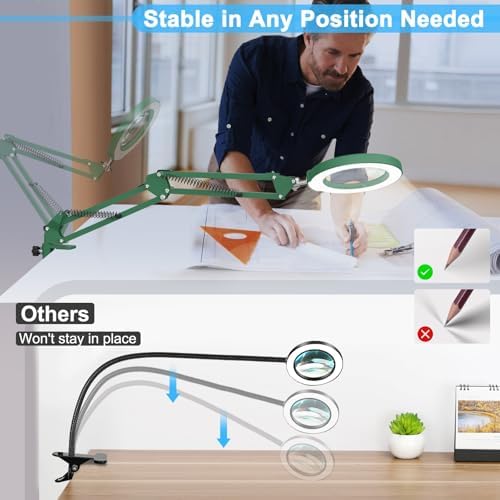 10X Magnifying Glass with Light and Clamp, Real Glass Stand Lighted Magnifier, 5 Color Modes Stepless Dimmable LED Desk Lamp Hands Free for Crafts Hobby Reading Painting Sewing Close Work - Green