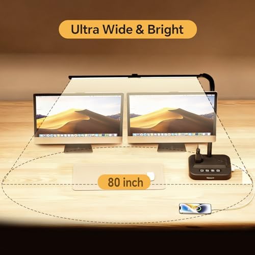 LED Desk Lamp for Home Office: Desk Light Double Head Adjustable with Power Strip 2 AC Outlets, USB-C USB-A Charging Ports Surge Protection, Foldable Table Lamp for College Dorm Room Essentials