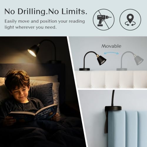 Solfres Patented Innovative Design Headboard Reading Light. No Drilling Golden Book Light for Bedtime Reading. Dimmable LED Book Reading Lamp with Bulb. Movable & Flexible, Black and Golden