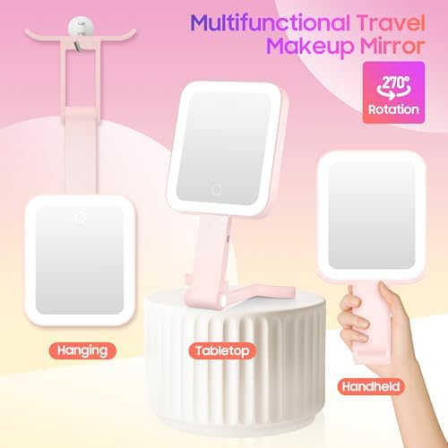 GOMIPURU Magnifying Travel Mirror with Light, 30X/1X Double-Sided Magnifying Mirror with 3 Color Lights, Brightness Adjustable, Foldable Handheld Makeup Mirrors Portable for Travel and Desktop, Rosy