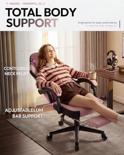 Dowinx Gaming Chair, Fabric Gaming Chairs for Adults with Pocket Spring Cushions and Lumbar Support, Ergonomic Massage Computer Chair with Footrest for Big and Tall, Pink