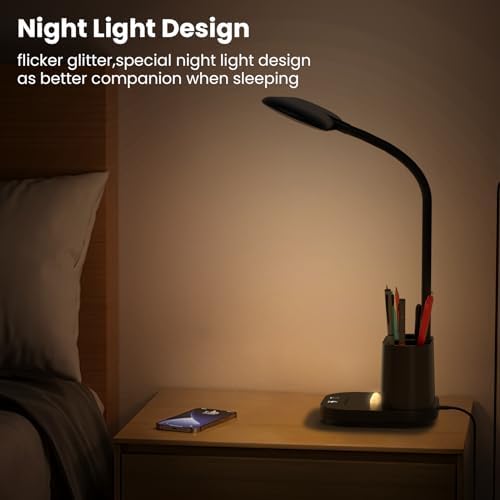 DEEPLITE LED Desk Lamp with USB Adapter Charging, Eye-Caring Study Lamp for Home Office, 3 Color Dimming Brightness Touch Control, Pen/Phone Holder, Flexible Gooseneck Reading Lamp