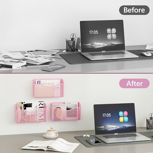 EasyPAG Wall File Organizer 3 Pack, Hanging File Organizer Wall Mount, Metal Mesh Folder Holder for Letter/A4 Papers, Mail Sorter for Office, Classroom, Home, Pink