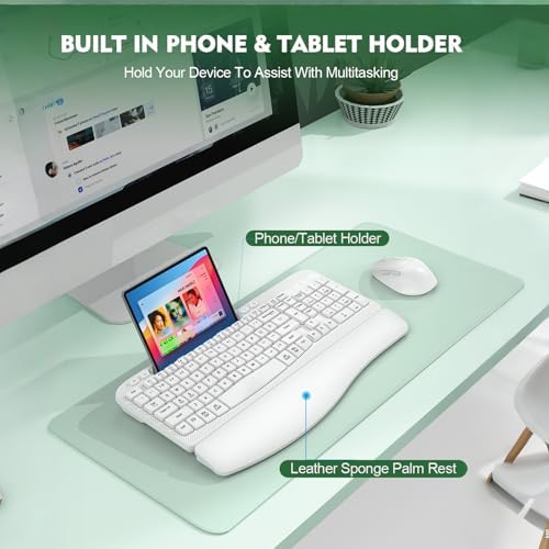 Wireless Keyboard and Mouse Combo, Full-Sized Ergonomic Wave Keys Keyboard with Memory Foam Wrist Rest & Phone Holder, 2.4G Quiet Keyboard Mouse Work Setup for PC Laptop, Office or Home (White)