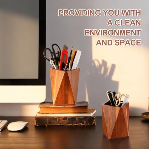 Henoyso 2 Pcs Acacia Wood Geometric Pen Holder Pencil Cup Office Desk