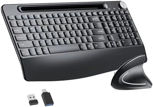 Full-Size Ergonomic Keyboard and Mouse, 2.4GHz Wireless Keyboard and vertical Mouse with Tablet Phone Holder, Wrist Rest for Computer Mac PC Laptop Chromebook, Black