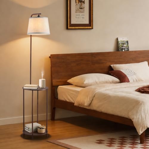 Floor Lamp with Table, 2-in-1 Side Table Floor Lamp with Linen Shade