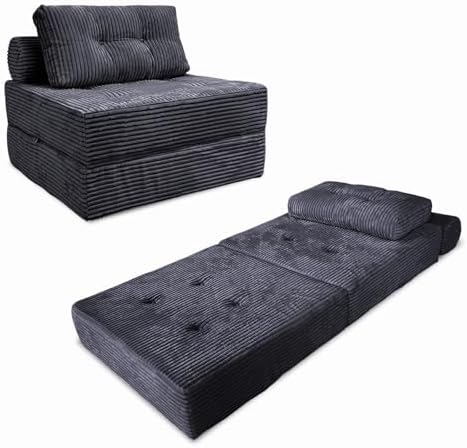 Nigoone Folding Sofa Bed Futon, Supportive Sleeper Chair with Pillow, Comfy Corduroy Floor Couch, Versatile Convertible Mattress for Bedroom/Living Room/Guest/Office, Dark Grey