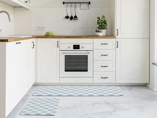 Ohocut Blue Checkered Kitchen Mats for Floor Set of 2, 2 Pcs Cushioned Non Slip Runner Rugs for Kitchen/Sink/Laundry, Comfort Aesthetic Cute Anti-Fatigue Foam Floor Mat 17.3"x29.5"+17.3"x47.2"