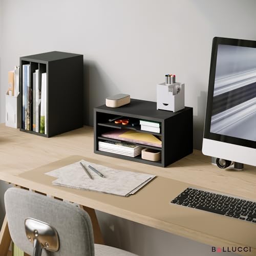 Ballucci File Organizer, 3-Tier Document Paper Sorter, Stackable Wood Desk Organizer, Mail Sorter and Monitor Stand with Storage Shelves, Black