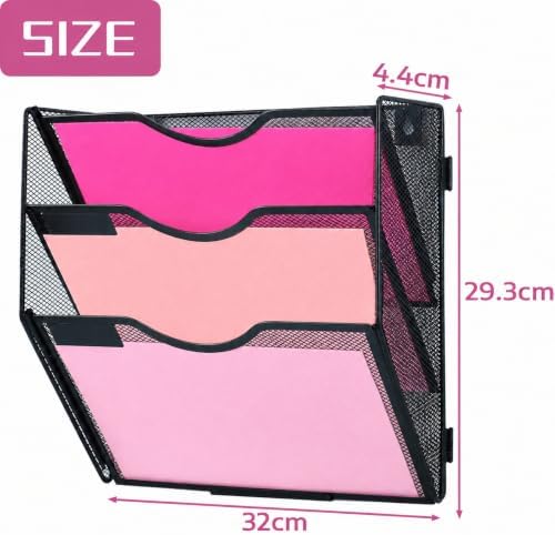 3 Pockets Mesh Wall File Holder Organizer Office Hanging File Folder Magazine Rack, Nametag Label Hooks Set Included (Black)