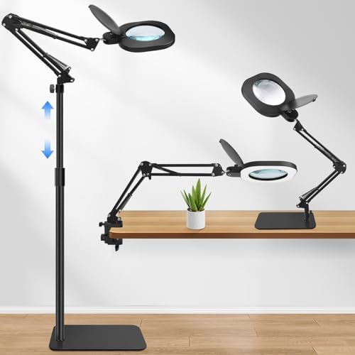 15X Magnifying Lamp with Light,5-Inch Optical Glass Lens, 3-in-1 Desk/Clamp/Floor Stand, LED Lighted Magnifier, Stepless Dimming for Close Work, Crafts, Repair, Reading, Sewing, Black