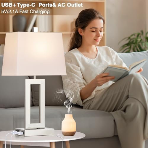 Cinkeda Silver Bedside Table Lamp Set of 2,Nightstand Lamps with USB Ports