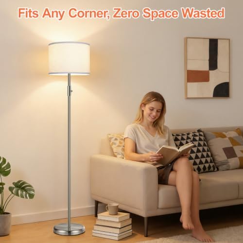 Floor Lamp Simple Design with White Shade, Small Tall Lamps for Living Room Bedroom Office Dining Room Kitchen, Sliver Pole Lamp-Sliver