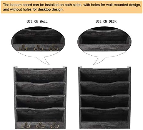 PAG-Mass 5-Tier Wall File Holder Hanging Mail Organizer Wood Magazine Literature Rack with 6 Hooks, Dark Gray