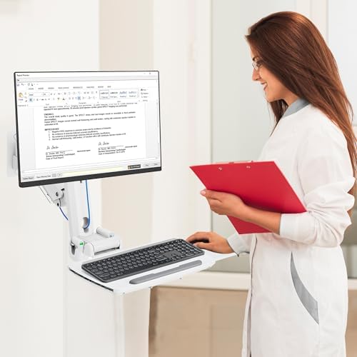 MED2H Heavy Duty Medical Wall Mount Workstation with Folding Keyboard Tray and Sliding Mouse Pad | Height Adjustment Space Save Folding Design for 17"-49" Screen Up to 44 lbs | Oral Scanner Holder