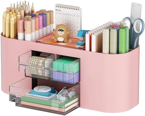 Marbrasse Desk Organizer Pen Holder for Desk with 3 Drawers, Multi-Functional Pencil Holder, Desk Organizers and Accessories with 7 Compartments for Home, School, Classroom(Pink)