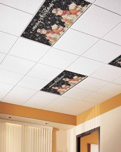 Black Christmas Magnetic Fluorescent Light Covers for Ceiling Lights 2 x 4 Feet,Vintage Snowflakes Snowman Bear Farmhouse Office Classroom Kitchen Drop Ceiling Light Covers Filters Shade Panel 3 Packs