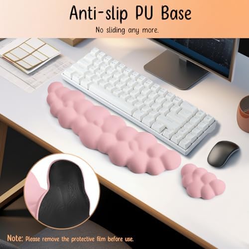 Keyboard Wrist Rest Mouse Wrist Support Set, Cloud Keybroad Wrist Rest Pad with Non-Slip PU Base, Memory Foam Wrist Rest for Pain Relief Computer Laptop Gaming Home Office, Pink