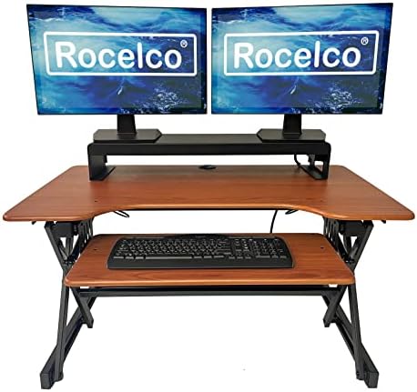 Rocelco 40" Large Height Adjustable Standing Desk Converter with Dual Monitor Stand BUNDLE - Quick Sit Stand Up Computer Workstation Riser - Retractable Keyboard Tray - Teak (R DADRT-40-DMS)