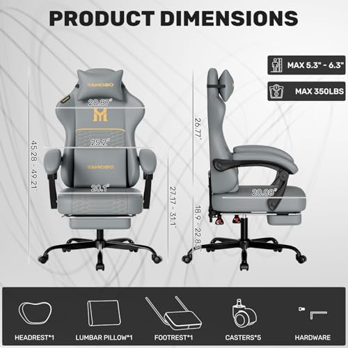 Gaming Chair with Footrest, Ergonomic Video Game Chair with Adjustable Lumbar and Headrest Massage Support,PU Leather High Back Recliner Comfortable for Office, Game and Study, Grey