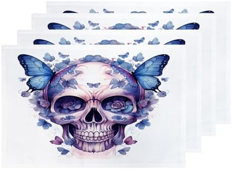 Shrahala Halloween Watercolor Skull Set Of 4 12 X 18 Inch Linen Placemats , Purple Blue Gothic Butterflies Flowers Burlap Table Mat Washable Double Layered Heat Insulation For Indoor/Outdoor