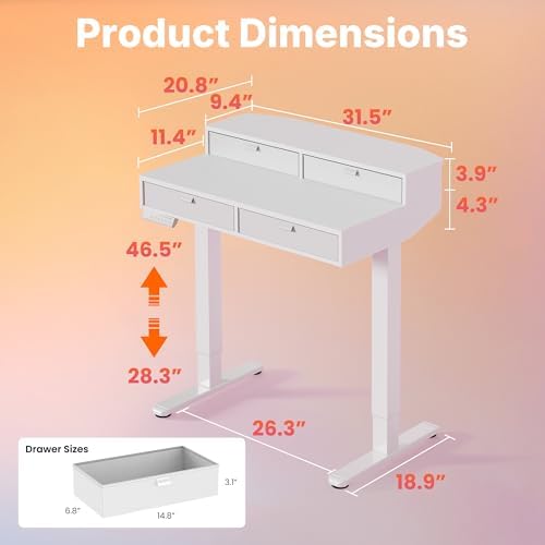 HUANUO 32 x 20 Inch Electric Standing Desk with 4 Drawers, White