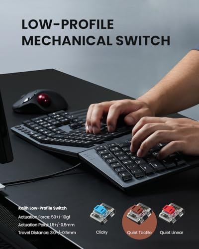 Perixx PERIBOARD-535BL [Firmware Updated] Wired Ergonomic Mechanical Keyboard - Full-Size - Low-Profile Blue Clicky Switches - Compatible with Windows and macOS