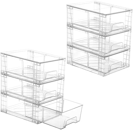 Vtopmart 6 Pack Stackable Storage Drawers,Clear Acrylic Drawer Organizers with Handles, Easily Assemble Containers for Fridge, Bathroom,Kitchen Undersink,Cabinet,Pantry Organization and Storage