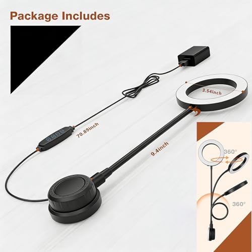 Suction Cup LED Desk Lamp for Computer Monitor, 3 Modes 10 Brightness, 7W USB Adapter, Flexible Gooseneck Ring Light for Desk, Fill Light, Office Home, Bedside, Reading, Study, Workbench, Black