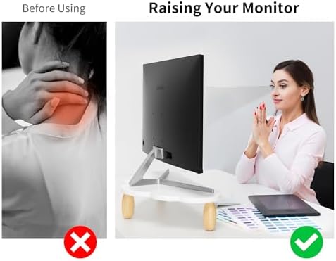 AFOOYO Monitor Stand Riser,Cloud-Shaped Sturdy Wood 16.5In Computer Monitor Riser Wirh Drawer, Multi-Purpose Desktop Organizer Riser for Computer,Laptop,Printer,TV,White