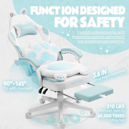 Gaming Chair Cute with Cat Ears Paw Lumbar and Cushion,Ergonomic Computer Chair with Footrest,Reclining PC Game Chair for Girl Computer Chair 300lbs for Adult Aqua Blue