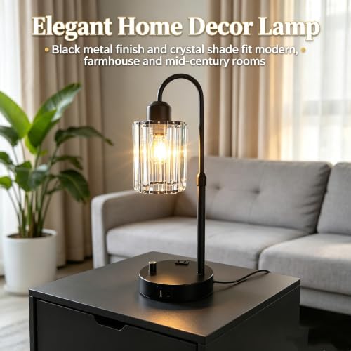Black Crystal Table Lamp, Adjustable Height Stepless Dimmable Desk Lamp with USB Charging Port & AC Power Outlet, Metal Base Bedside Lamp for Bedroom Office Living Room