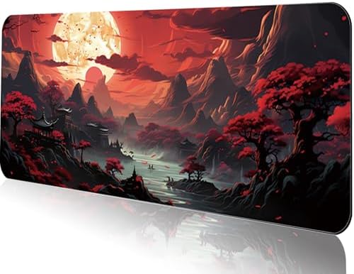 Gaming Mouse Pad 31.5x11.8 inch XL Large Extended Mouse Pad, Big Mousepad Desk Mat for Computer with Non-Slip Rubber Base and Stitched Edge-Red Moon